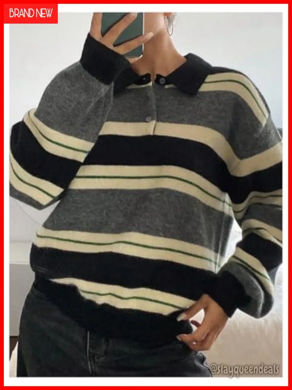 Striped Collared Long Sleeve Knit Pullover Sweater Top